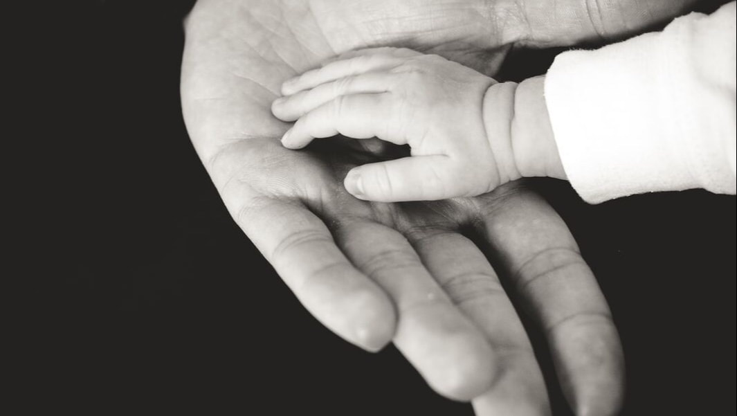 A black and white photo of an infant's hand in an adult's hand. 